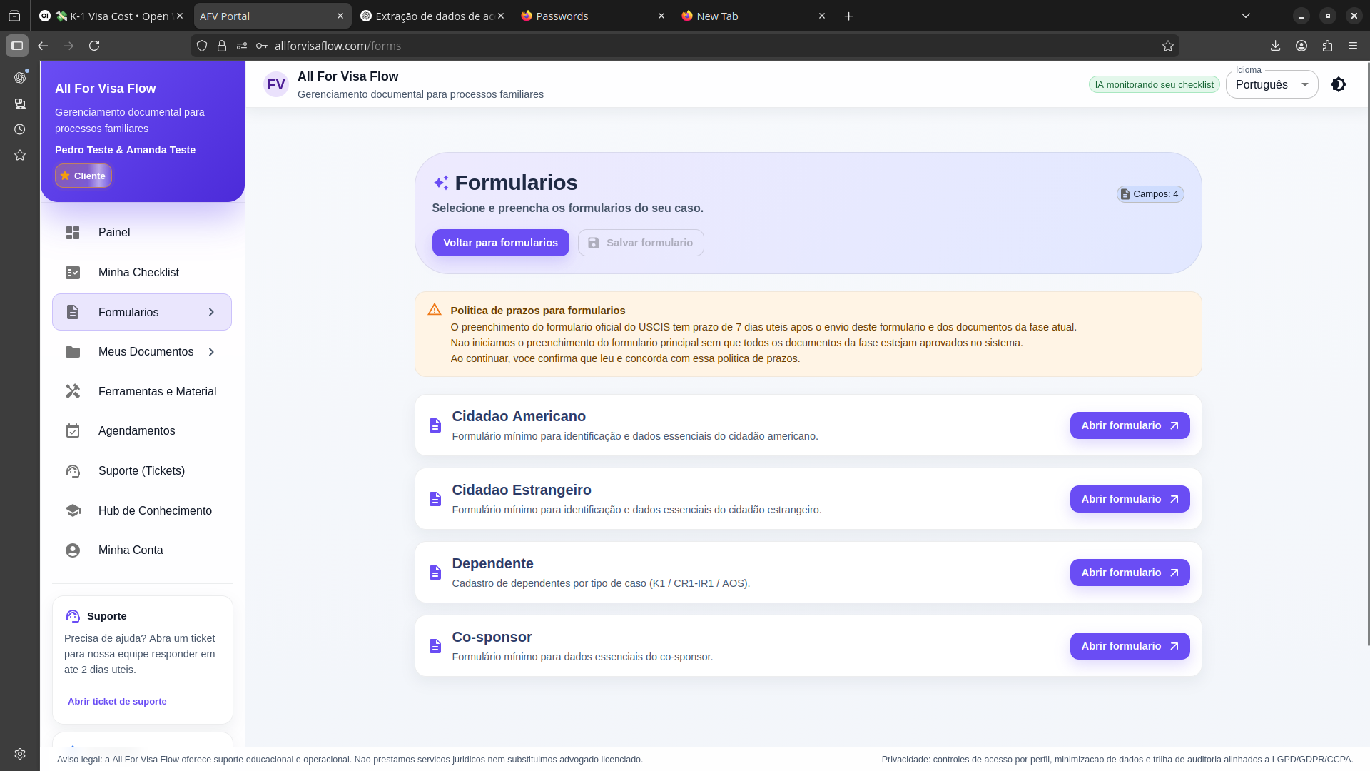 Formulários do Caso